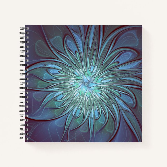Modern Abstract Trendy Blue Flower Fractal Art Notebook (Front)