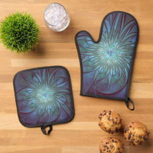 Modern Abstract Trendy Blue Flower Fractal Art Oven Mitt & Pot Holder Set