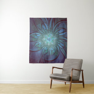 Modern Abstract Trendy Blue Flower Fractal Art Tapestry