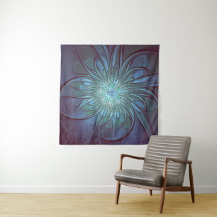 Modern Abstract Trendy Blue Flower Fractal Art Tapestry