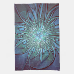Modern Abstract Trendy Blue Flower Fractal Art Tea Towel