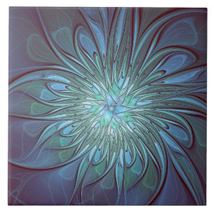 Modern Abstract Trendy Blue Flower Fractal Art Tile