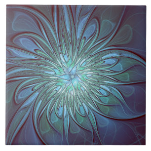 Modern Abstract Trendy Blue Flower Fractal Art Tile
