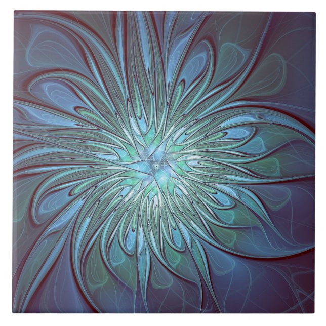 Modern Abstract Trendy Blue Flower Fractal Art Tile (Front)