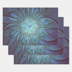 Modern Abstract Trendy Blue Flower Fractal Art Wrapping Paper Sheet