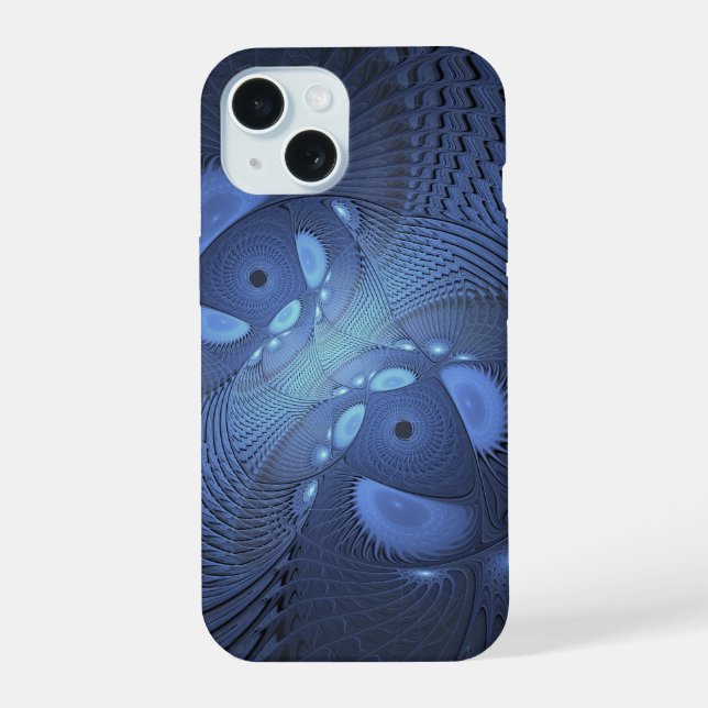 Modern Abstract Trendy Dusk Blue Fractal Art iPhone 15 Case (Back)
