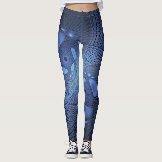 Modern Abstract Trendy Dusk Blue Fractal Art Leggings (Front)