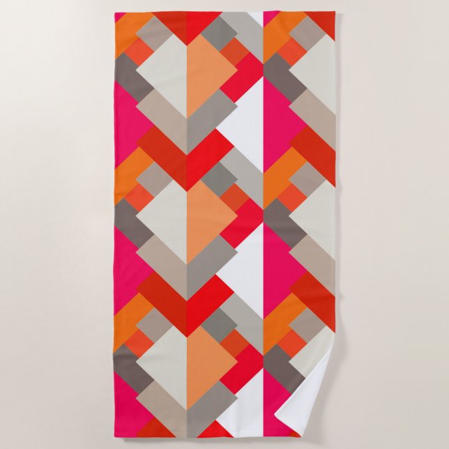 Modern Abstract Triangles, Orange, Fuchsia, & Grey Beach Towel (Front)