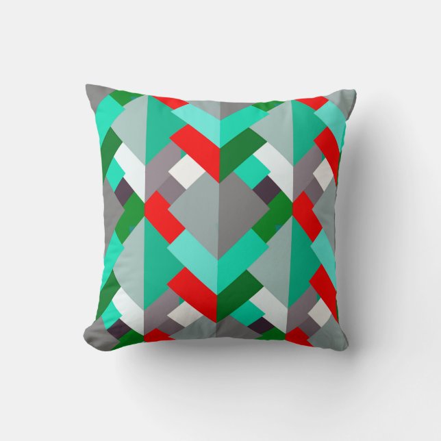 Modern Abstract Triangles, Turquoise, Red, & Grey Cushion (Front)