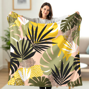 Modern Abstract Tropical Leaves & Polka Dots Fleece Blanket
