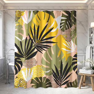 Modern Abstract Tropical Leaves & Polka Dots Shower Curtain