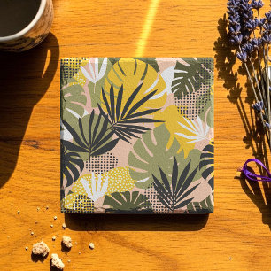 Modern Abstract Tropical Leaves & Polka Dots Stone Coaster