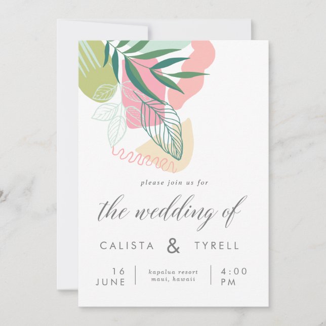 Modern Abstract Tropical Leaves Wedding Invitation (Front)