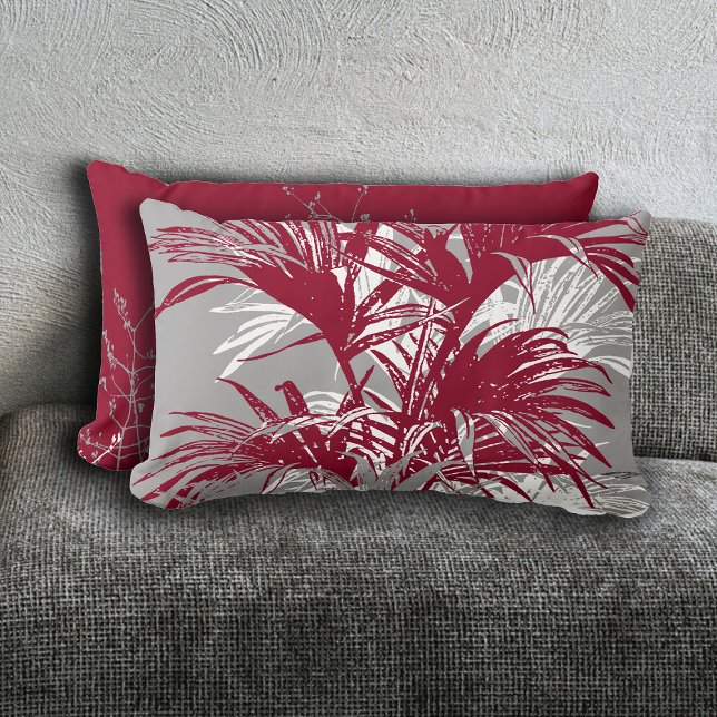 Modern Abstract Tropical Palm Trees Burgundy Grey Lumbar Cushion (Creator Uploaded)