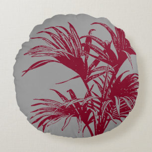 Modern Abstract Tropical Palm Trees Burgundy Grey Round Cushion