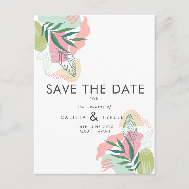 Modern Abstract Tropical Pink & Green Wedding Save Announcement Postcard (Front)