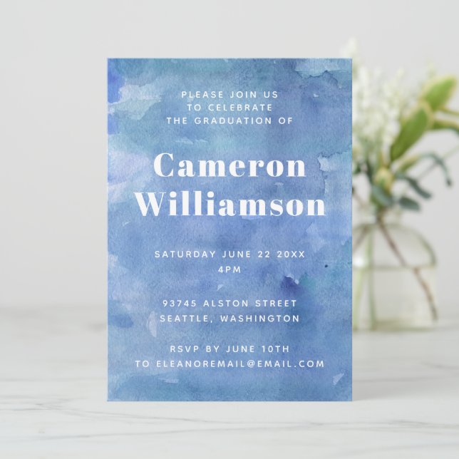Modern Abstract Watercolor Blue Graduation Party Invitation (Standing Front)