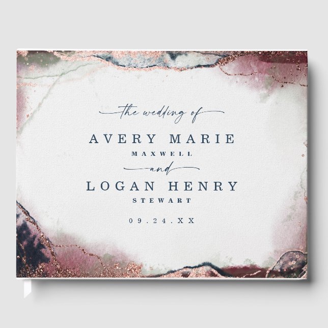 Modern Abstract Watercolor Burgundy & Navy Wedding Guest Book (Front)