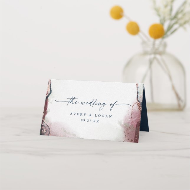 Modern Abstract Watercolor Burgundy & Navy Wedding Place Card (Back)