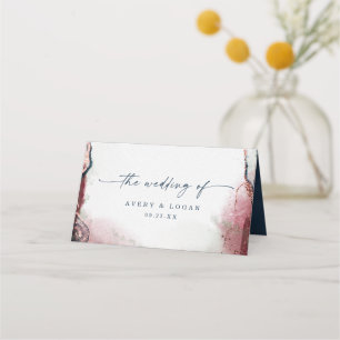 Modern Abstract Watercolor Burgundy & Navy Wedding Place Card