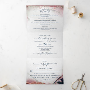 Modern Abstract Watercolor Burgundy & Navy Wedding Tri-Fold Invitation