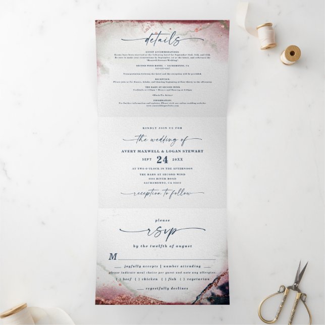 Modern Abstract Watercolor Burgundy & Navy Wedding Tri-Fold Invitation (Inside)