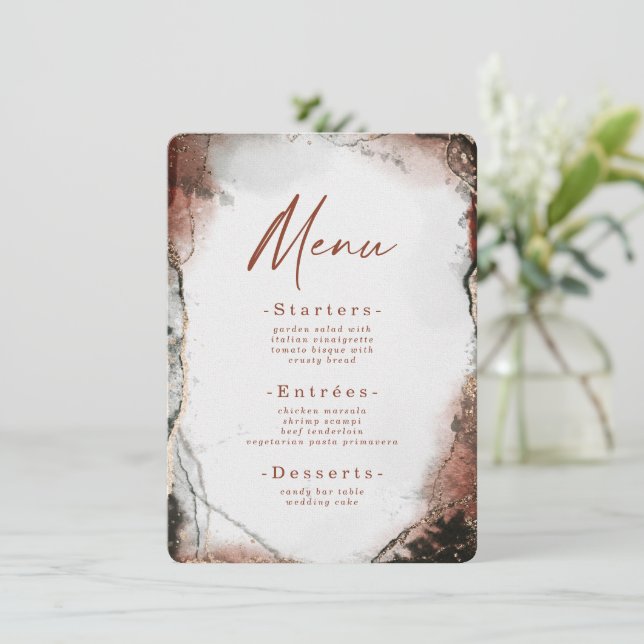 Modern Abstract Watercolor Burnt Orange Wedding Menu (Standing Front)