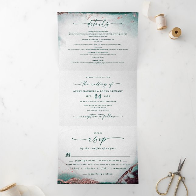 Modern Abstract Watercolor Emerald Green Wedding Tri-Fold Invitation (Inside)