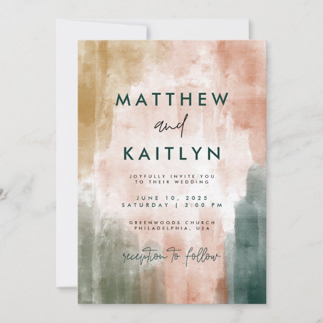 Modern Abstract Watercolor Fall Wedding Photo Invitation (Front)