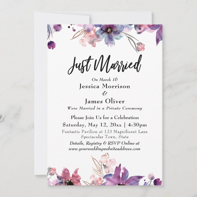 Modern Abstract Watercolor Florals Just Married Invitation (Front)