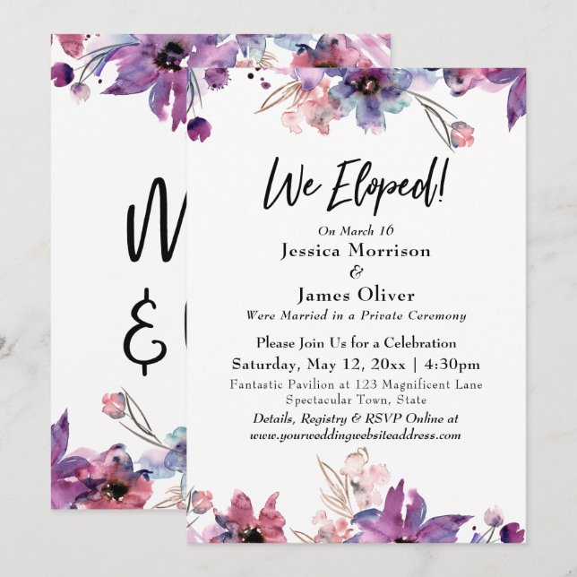 Modern Abstract Watercolor Florals We Eloped! Invitation (Front/Back)