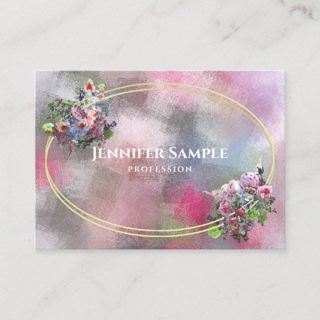 Modern Abstract Watercolor Flowers Gold Frame Top Business Card (Front)