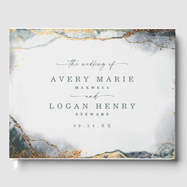 Modern Abstract Watercolor Green & Gold Wedding Guest Book (Front)