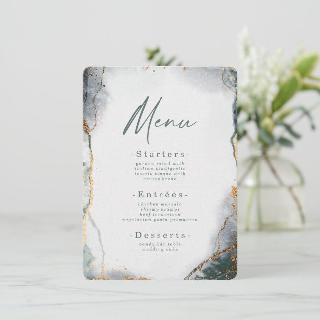 Modern Abstract Watercolor Green & Gold Wedding Menu (Standing Front)