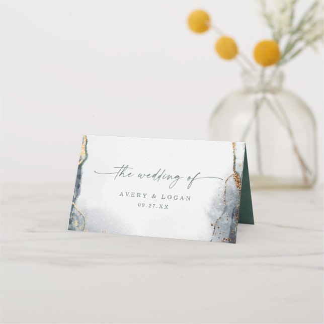Modern Abstract Watercolor Green & Gold Wedding Place Card (Back)