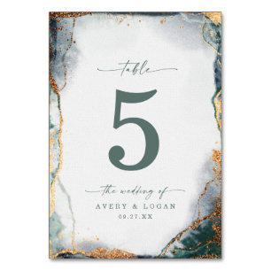 Modern Abstract Watercolor Green & Gold Wedding Table Number