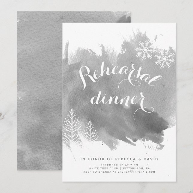 Modern abstract watercolor grey rehearsal dinner invitation (Front/Back)