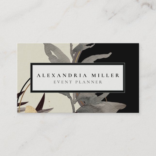 Modern Abstract Watercolor Leaves | Black Business Card (Front)