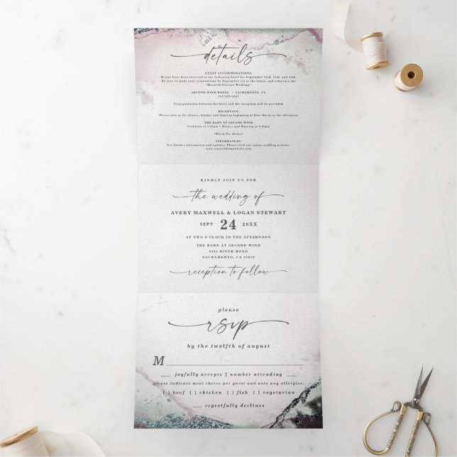 Modern Abstract Watercolor Light Purple Wedding Tri-Fold Invitation (Inside)