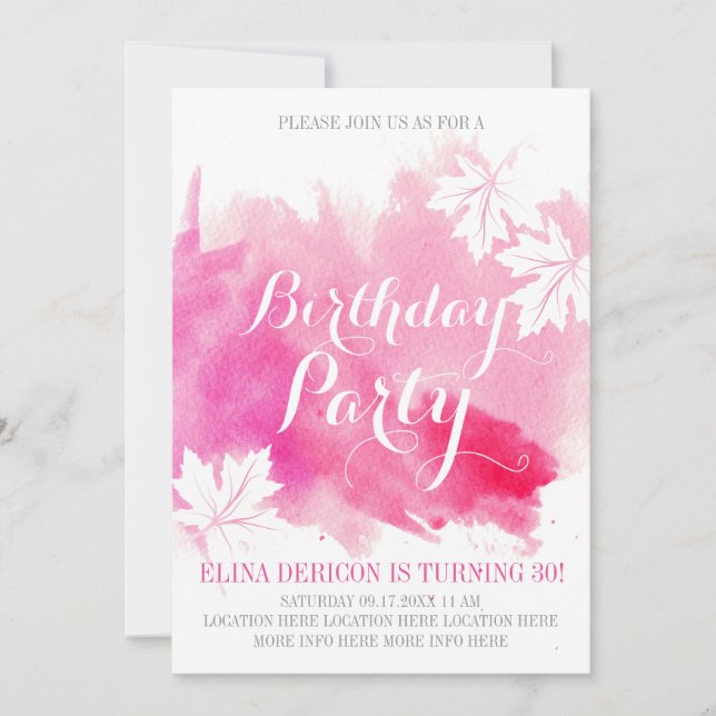 Modern abstract watercolor pink birthday party invitation (Front)