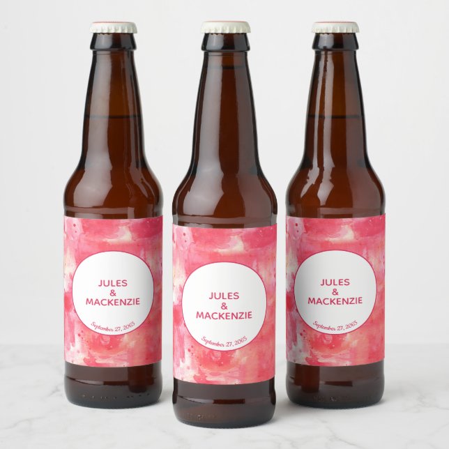 Modern Abstract Watercolor Pink Wedding Beer Bottle Label (Bottles)