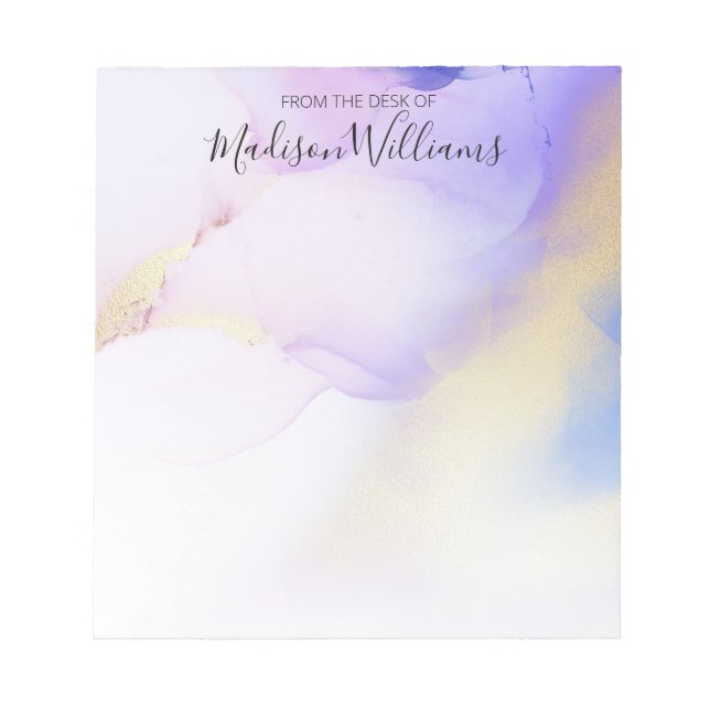 Modern Abstract Watercolor Purple Gold Name Script Notepad (Front)