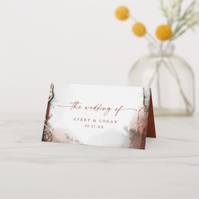 Modern Abstract Watercolor Rust & Hunter Wedding Place Card (Back)