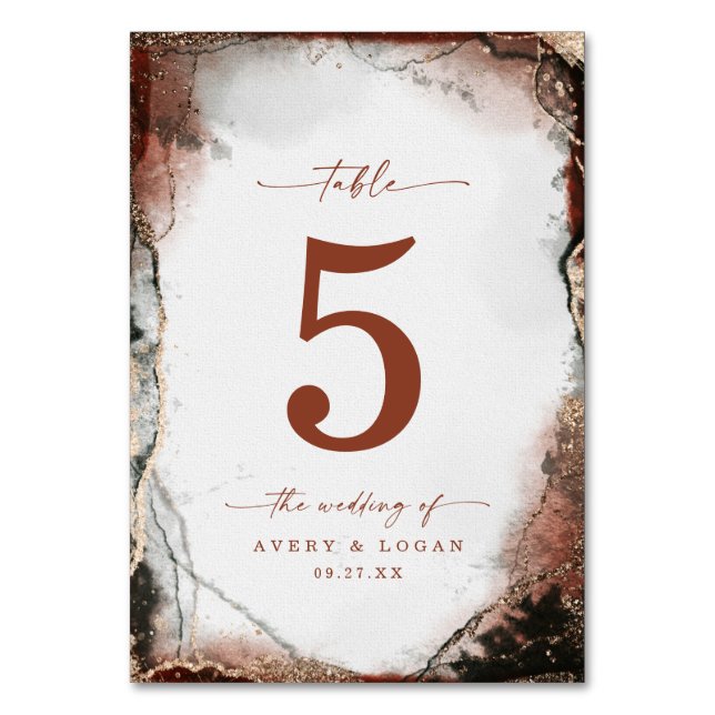 Modern Abstract Watercolor Rust & Hunter Wedding Table Number (Front)