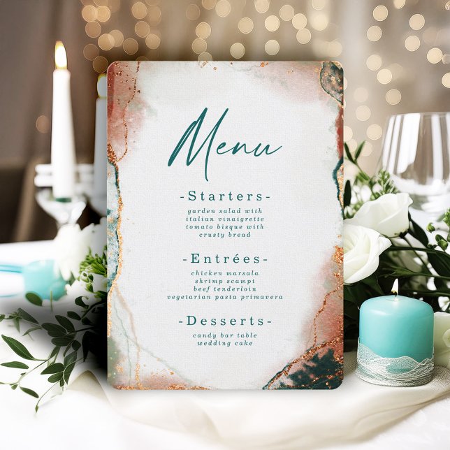 Modern Abstract Watercolor Teal & Copper Wedding Menu (Modern Teal and Copper Wedding Reception Menu)