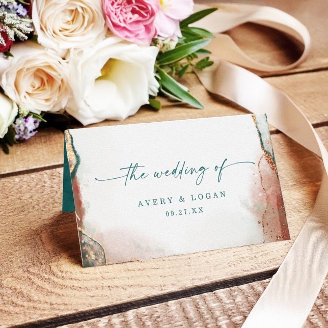 Modern Abstract Watercolor Teal & Copper Wedding Place Card (Elegant Teal and Copper wedding place card with abstract watercolor design.)