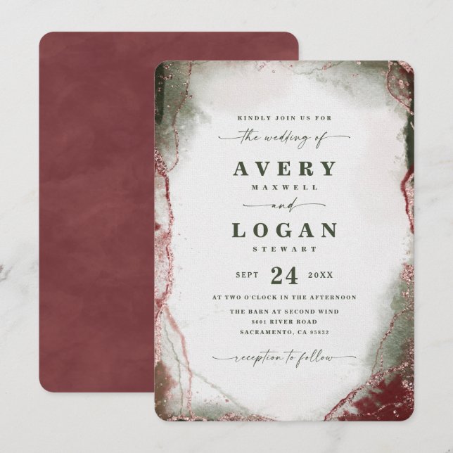 Modern Abstract Watercolor Terra Rosa Wedding Invitation (Front/Back)