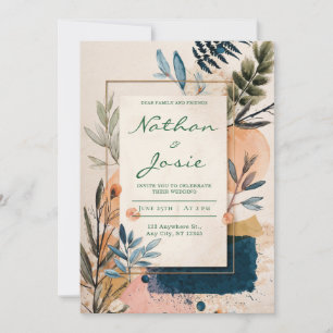 Modern Abstract Watercolor Terracotta Gold Wedding Invitation