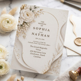 Modern Abstract Wavy Layered White Floral Wedding Invitation