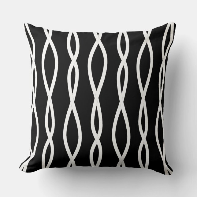 Modern Abstract Wavy Lines on Black and White Cushion (Front)